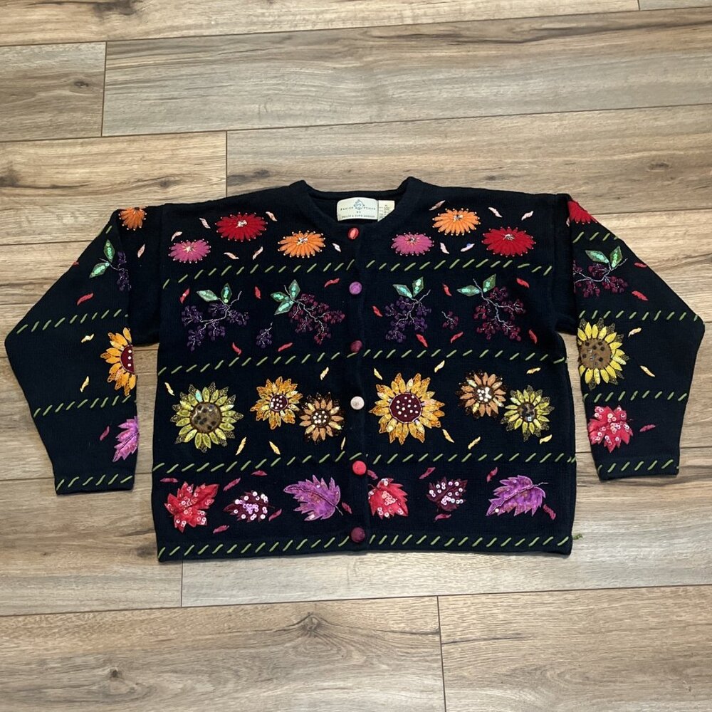 Designs Options Floral Cardigan Sweater SZ XL Black Beaded Sunflower Garden